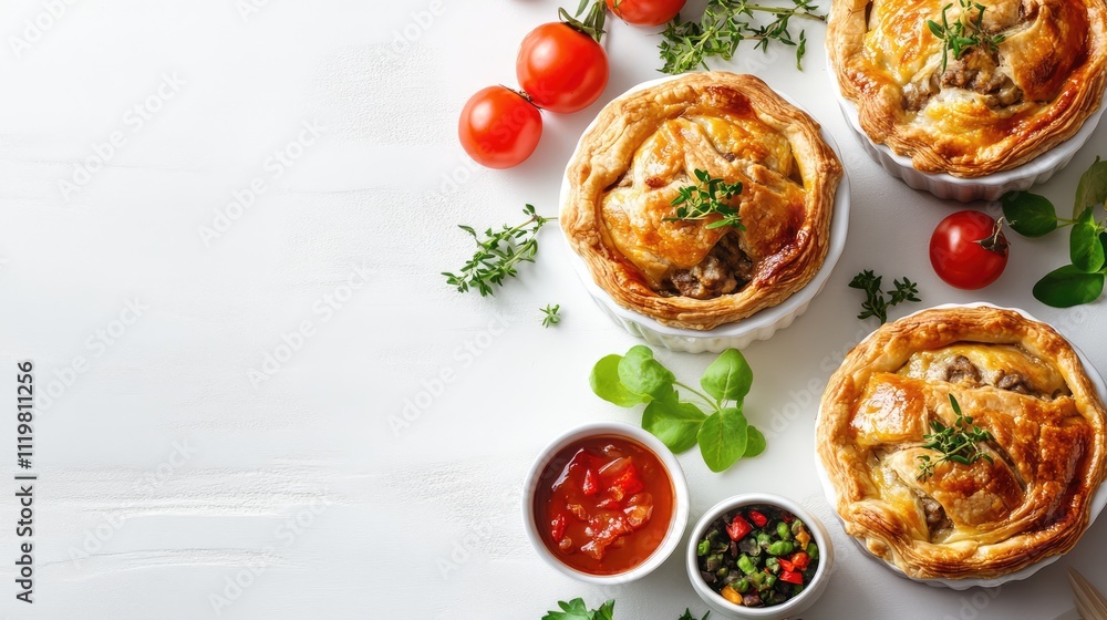 Chicken pie with fresh herbs and tomatoes arranged on a white background showcasing delicious homemade comfort food. Chicken pie with fresh herbs and tomatoes arranged on a white background showcasing delicious homemade comfort food.