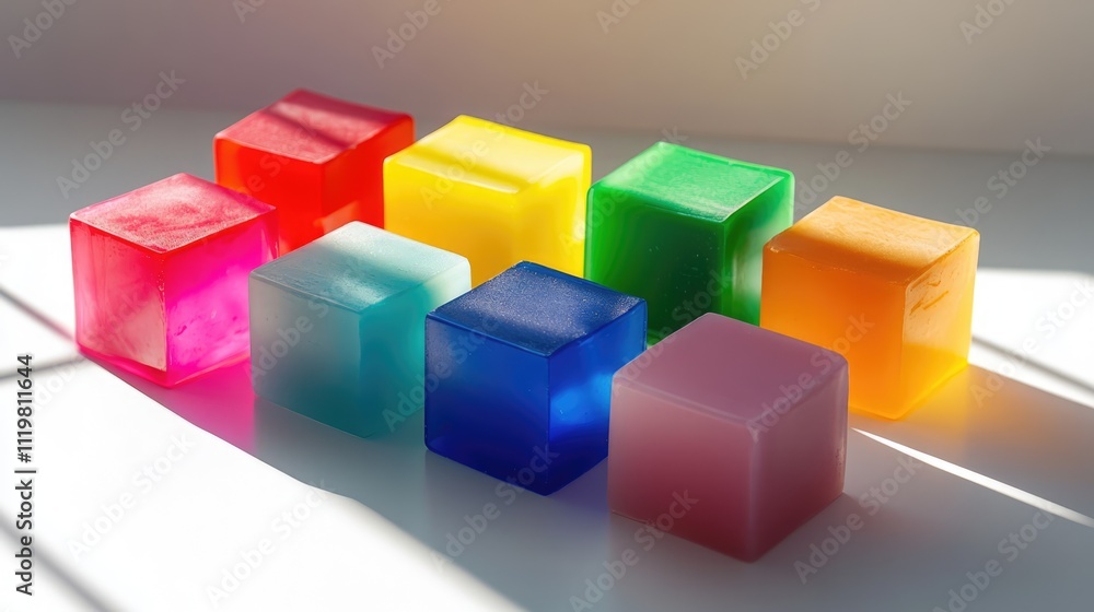 Colorful translucent soap cubes arranged artistically casting shadows in natural light on a clean surface.