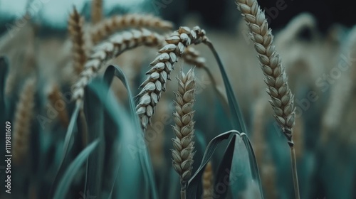 Close up of dried wheat stalks highlighting textures and details in a golden field during late summer harvest season photo