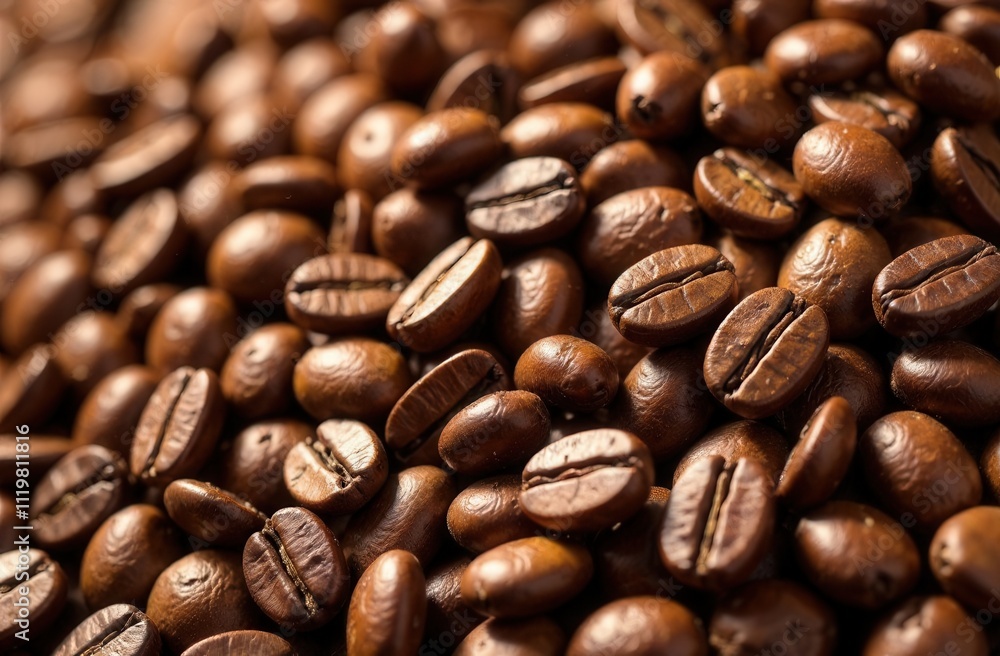 This image presents a detailed closeup view of a pile of coffee beans This image presents a detailed closeup view of a pile of coffee beans