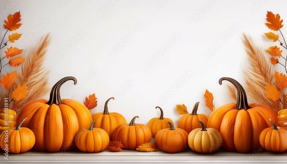 group of pumpkins with large copy space for fall season advertising white background of a halloween page border group of pumpkins with large copy space for fall season advertising white background of a halloween page border