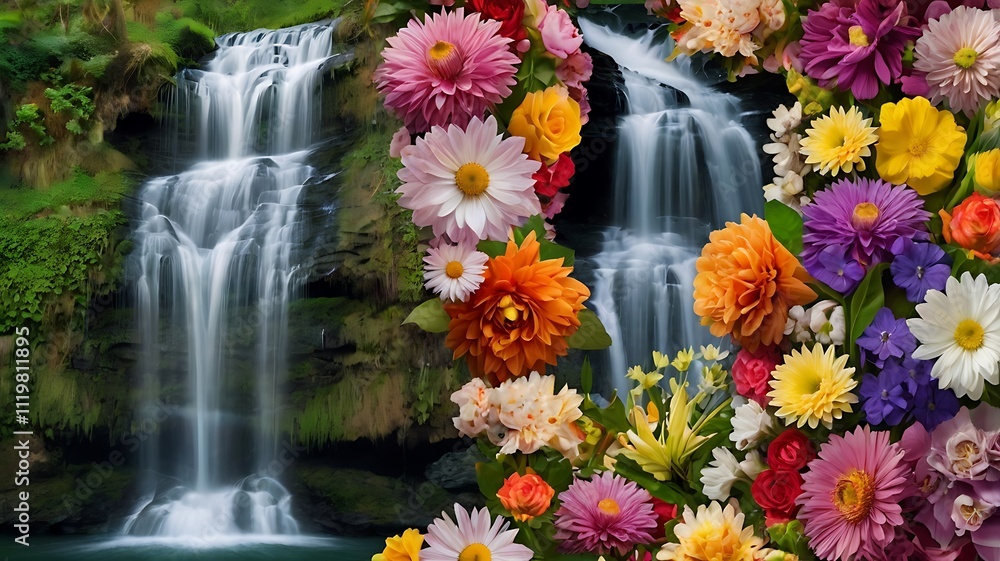 Vibrant Flowers Frame Serene Waterfall Scene Vibrant Flowers Frame Serene Waterfall Scene