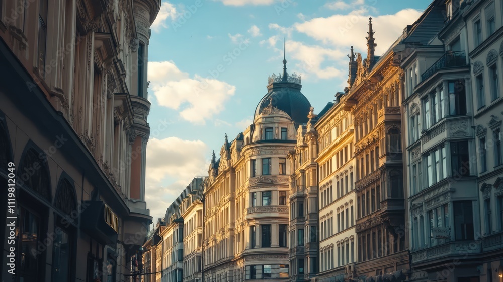 Fototapeta premium Historic architectural buildings in an urban street under a blue sky with clouds and warm sunlight illuminating the facades.