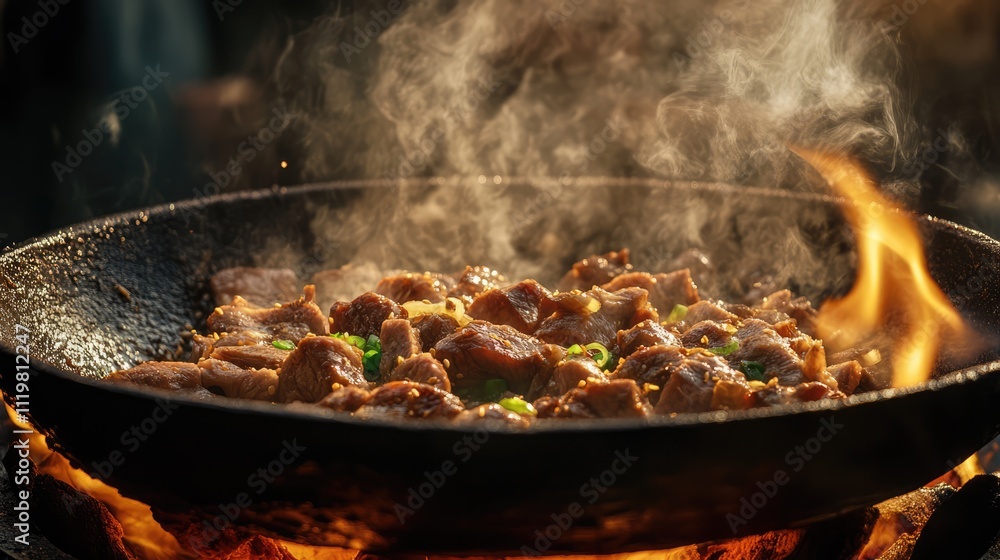 Sizzling Bulgogi on an Open Flame Juicy Beef Marinated in Korean Spices Served in a Traditional Pan with Steam and Flames Sizzling Bulgogi on an Open Flame Juicy Beef Marinated in Korean Spices Served in a Traditional Pan with Steam and Flames