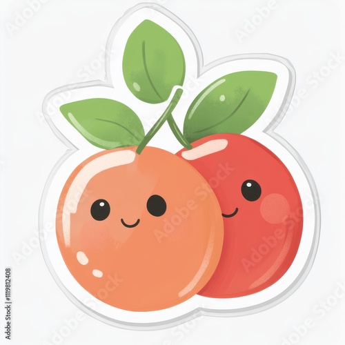 Two cute cartoon cherries with leaves.