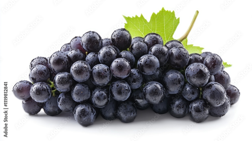 Fototapeta premium Freshly harvested dark purple grapes with dew droplets and green leaves on a white background conveying freshness and natural beauty.