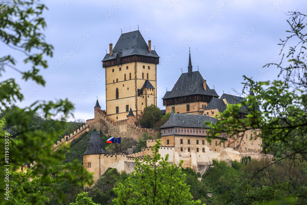 Karlstein, Czech Republic, May 13.02023: Royal castle Karlstejn in Czech Republic, which is a famous tourist attraction near Prague. Karlstein, Czech Republic, May 13.02023: Royal castle Karlstejn in Czech Republic, which is a famous tourist attraction near Prague.