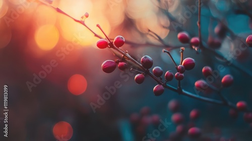 Coffee beans ripening on branches during twilight with a blurred background showcasing vibrant colors and natural beauty.