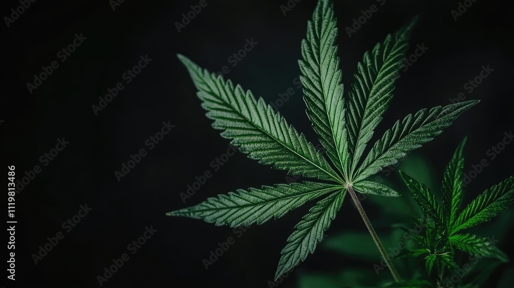 Cannabis sativa vibrant fan leaf isolated on dark background showcasing intricate details and rich green color for botanical themes Cannabis sativa vibrant fan leaf isolated on dark background showcasing intricate details and rich green color for botanical themes