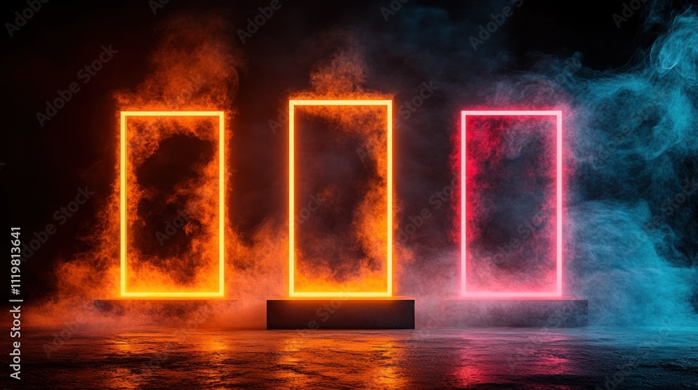 custom made wallpaper toronto digitalThree neon glowing rectangular frames with smoke.