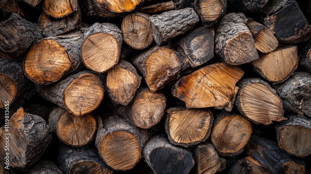 Close-up of neatly stacked firewood logs in a rustic setting showcasing natural wood textures and warm tones for a cozy ambiance. Close-up of neatly stacked firewood logs in a rustic setting showcasing natural wood textures and warm tones for a cozy ambiance.