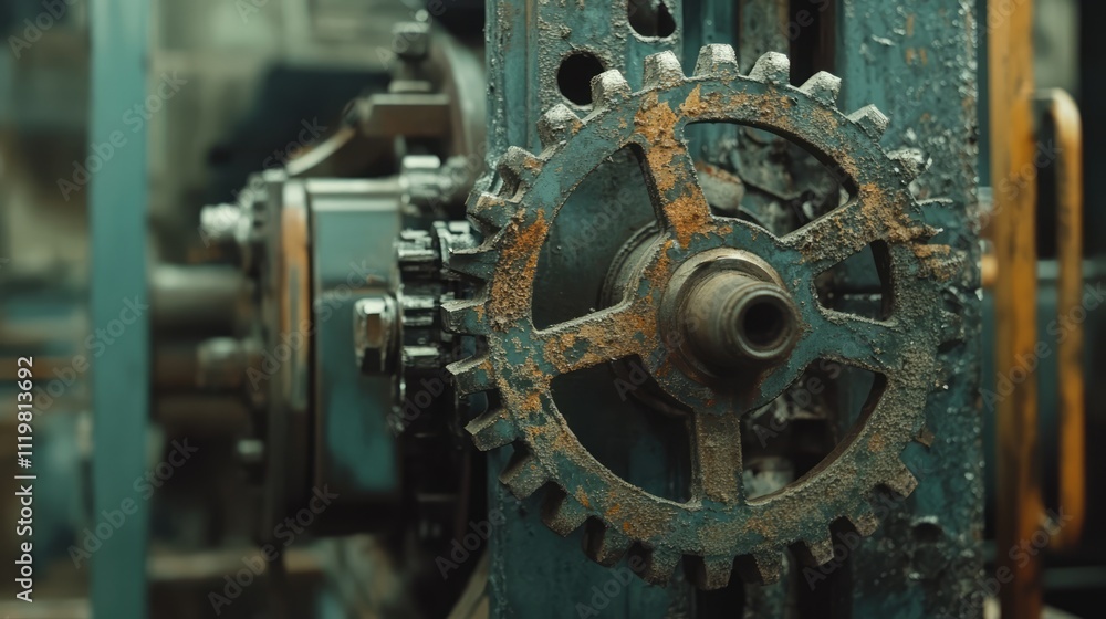 Detailed close-up of a rusted metallic cogwheel in industrial machinery, showcasing textured alloy iron and mechanical components, construction, engineering, vintage machinery, industrial equipment. Detailed close-up of a rusted metallic cogwheel in industrial machinery, showcasing textured alloy iron and mechanical components, construction, engineering, vintage machinery, industrial equipment.