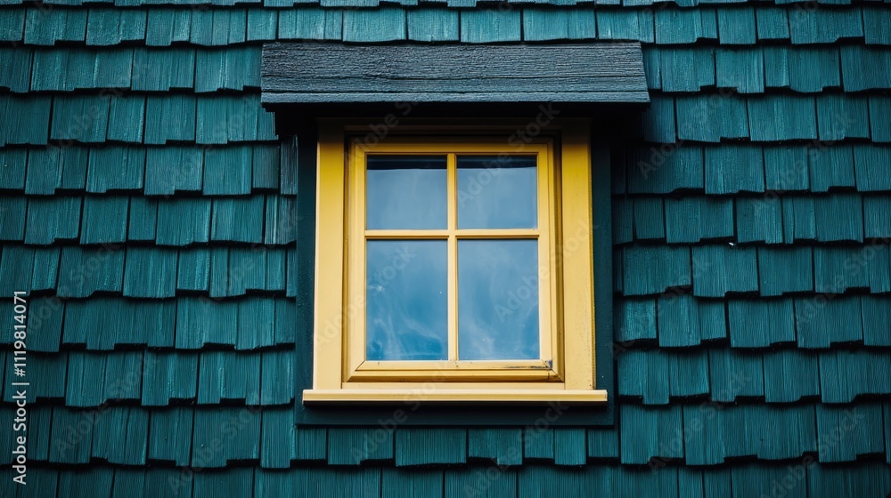 Fototapeta premium Detailed view of a newly installed small attic window framed in yellow on a dark green shingled house showcasing professional roofing work.