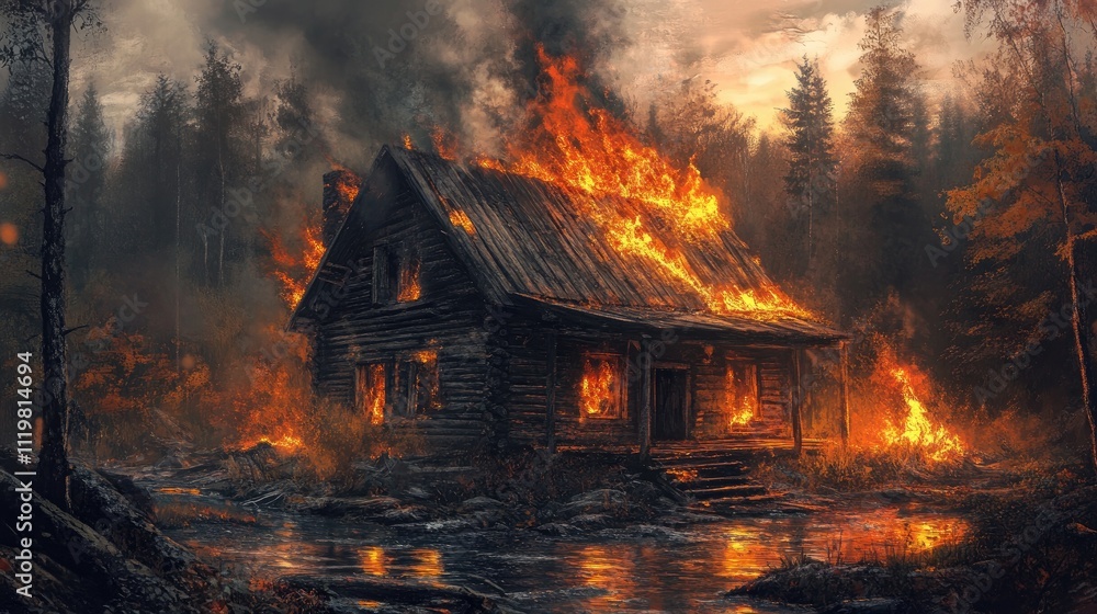 Dramatic scene of a wooden house engulfed in flames surrounded by a forest highlighting the destructive power of fire and its aftermath