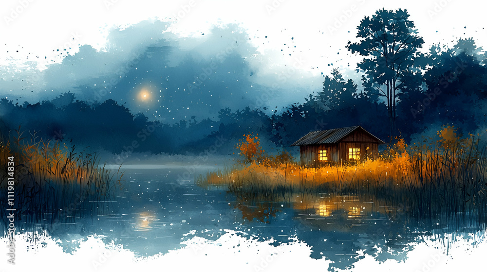 Fototapeta premium A serene, twilight landscape featuring a cozy cabin by a calm lake, illuminated windows, and soft reflections in water surrounded by trees and mist.