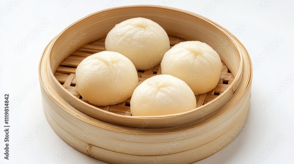 Steamed Chinese buns in bamboo basket on white background showcasing traditional Asian cuisine and culinary artistry. Steamed Chinese buns in bamboo basket on white background showcasing traditional Asian cuisine and culinary artistry.
