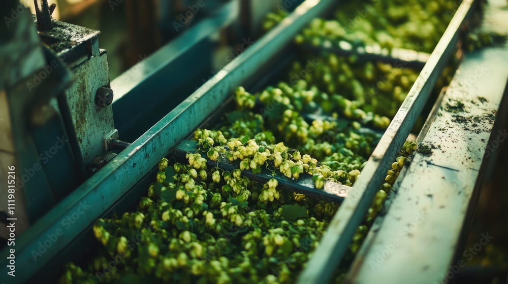Hop picking machine processing fresh hop cones in a rustic setting showcasing agricultural technology in the brewing industry. Hop picking machine processing fresh hop cones in a rustic setting showcasing agricultural technology in the brewing industry.