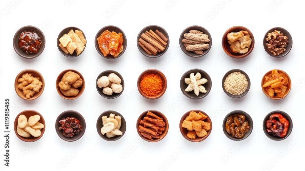 Assorted Asian snacks and spices in bowls on a white background Traditional cuisine concept Flat lay with copy space for food ads Assorted Asian snacks and spices in bowls on a white background Traditional cuisine concept Flat lay with copy space for food ads