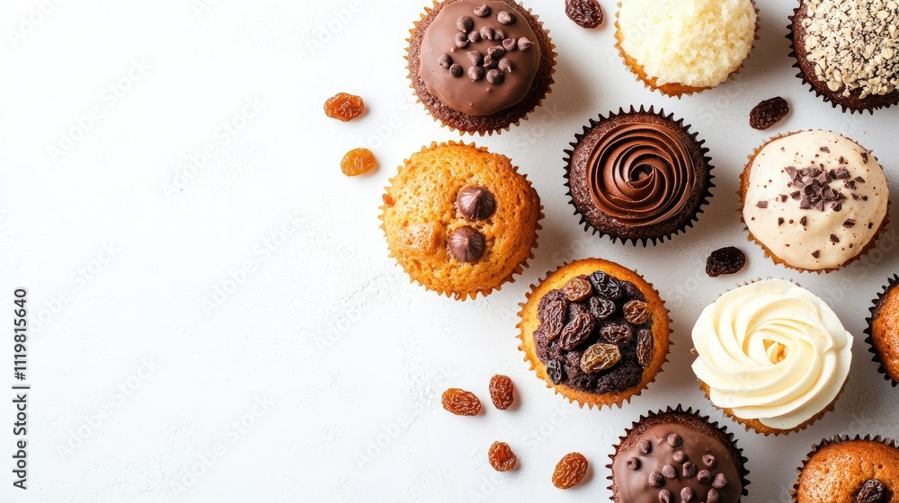 Assorted homemade cupcakes with chocolate and raisins on a white background showcasing their delicious variety and textures Assorted homemade cupcakes with chocolate and raisins on a white background showcasing their delicious variety and textures