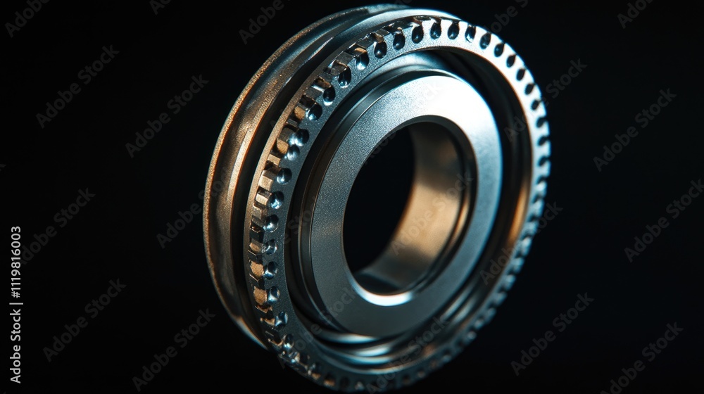 Angular contact roller bearing isolated on dark background showcasing precision engineering and mechanical components for industrial use. Angular contact roller bearing isolated on dark background showcasing precision engineering and mechanical components for industrial use.