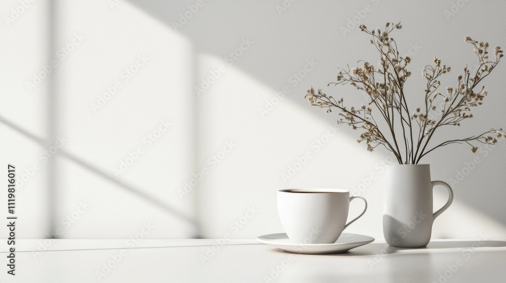 Minimalist composition with white ceramic cup and vase Minimalist composition with white ceramic cup and vase