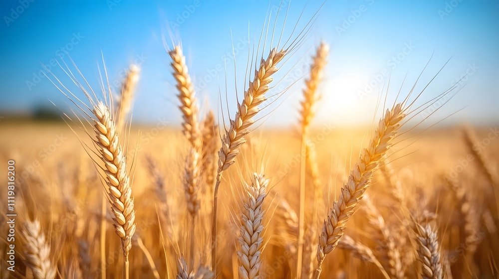 Panoramic landscape of golden wheat field beneath blue sky during harvest season. Agricultural scene captures ripe wheat ears in warm sunlight with dramatic atmospheric conditions. Panoramic landscape of golden wheat field beneath blue sky during harvest season. Agricultural scene captures ripe wheat ears in warm sunlight with dramatic atmospheric conditions.