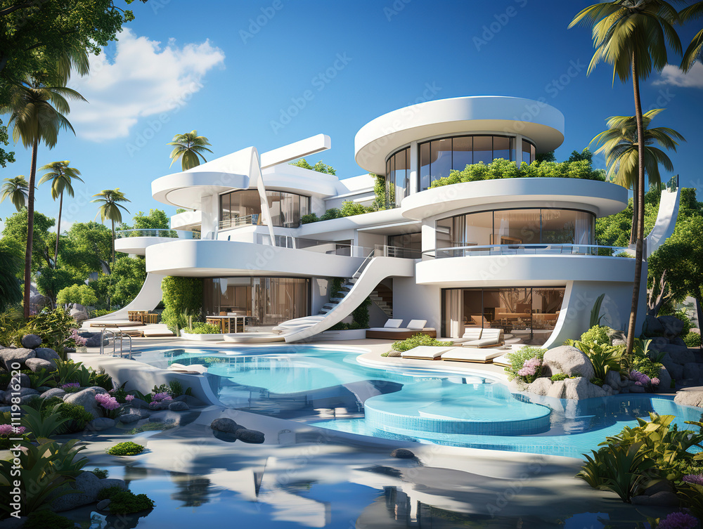 Unforgettable 3d rendering of modern luxury house with lawn Unforgettable 3d rendering of modern luxury house with lawn