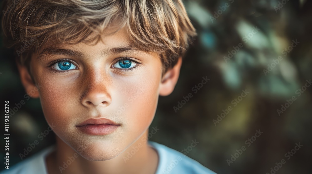 Captivating portrait of a young boy with striking blue eyes, softly lit against a blurred natural background. Captivating portrait of a young boy with striking blue eyes, softly lit against a blurred natural background.