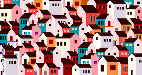 Summer cityscape geometric vector illustration. Hillside town building in scandinavian architecture, residental houses background. Villages, trees, hill  view.