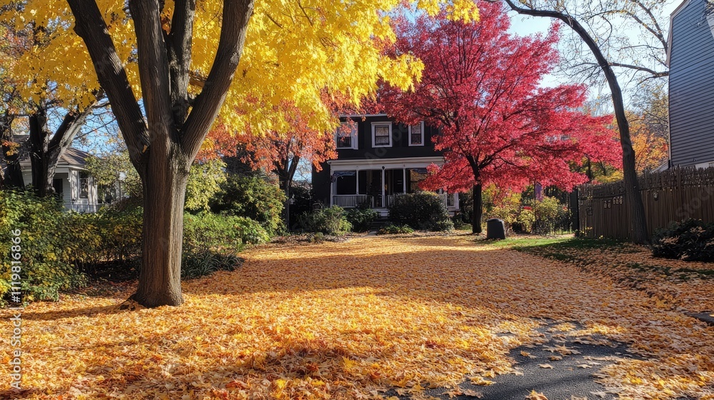 Naklejka premium Vibrant autumn scenery showcasing yellow and red maple foliage on trees and ground in a tranquil residential setting