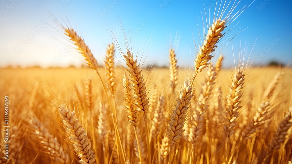 Panoramic landscape of golden wheat field beneath blue sky during harvest season. Agricultural scene captures ripe wheat ears in warm sunlight with dramatic atmospheric conditions. Panoramic landscape of golden wheat field beneath blue sky during harvest season. Agricultural scene captures ripe wheat ears in warm sunlight with dramatic atmospheric conditions.