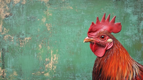 Close up of a vibrant red rooster head against a textured green background with ample space for customizable text or branding options photo