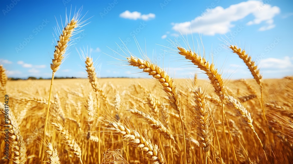 Panoramic landscape of golden wheat field beneath blue sky during harvest season. Agricultural scene captures ripe wheat ears in warm sunlight with dramatic atmospheric conditions. Panoramic landscape of golden wheat field beneath blue sky during harvest season. Agricultural scene captures ripe wheat ears in warm sunlight with dramatic atmospheric conditions.