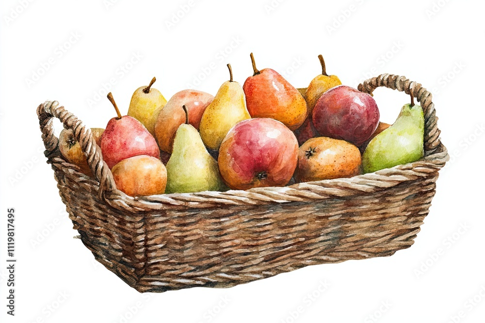 Watercolor Painting of Pears and Apples in a Basket Watercolor Painting of Pears and Apples in a Basket
