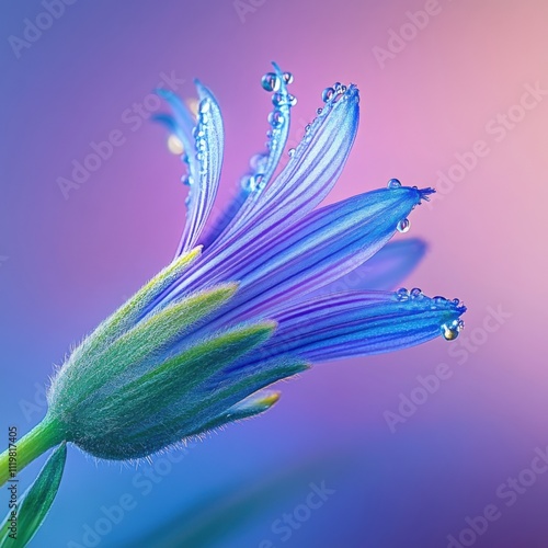 Vibrant close-up of a purple flower bud with water droplets against a soft gradient background, AI