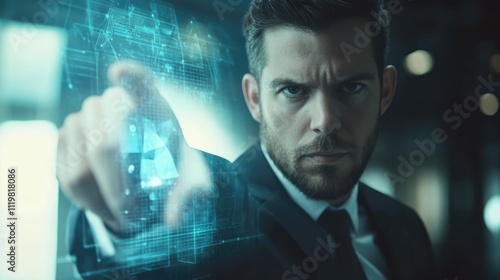 Businessman Interacting with Futuristic Artificial Intelligence Interface in a Modern Office Environment