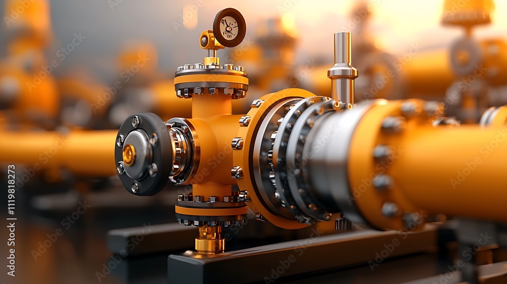 Fototapeta premium A detailed view of industrial pipes and valves in a large refinery, with gleaming metal surfaces and soft lighting reflecting the precision of engineering, Ultra-Realistic, Photo Realistic, 