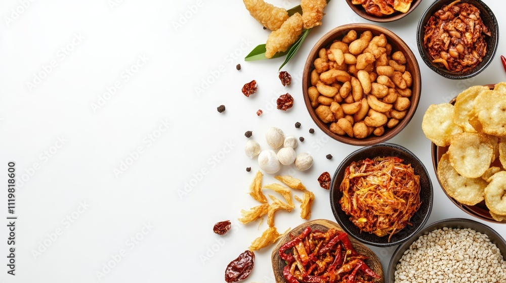 Assorted Asian dishes and snacks arranged on a white background displaying traditional flavors and textures with ample copy space for promotion Assorted Asian dishes and snacks arranged on a white background displaying traditional flavors and textures with ample copy space for promotion