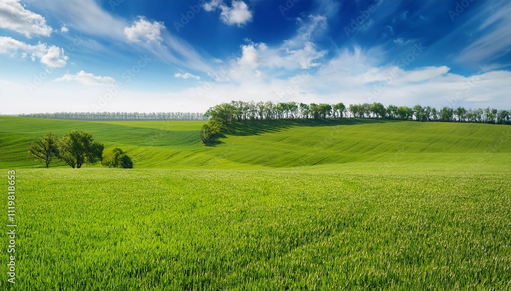 green field spring landscape with wheat on fields and trees on the sky horizon green field spring landscape with wheat on fields and trees on the sky horizon