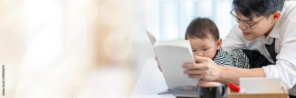 Web banner Asian baby and families who have to work while raising children at home with copy space on left Web banner Asian baby and families who have to work while raising children at home with copy space on left