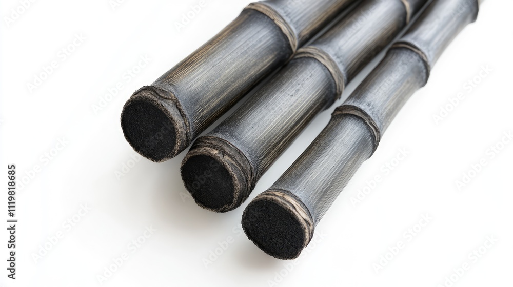 Fototapeta premium Bamboo charcoal sticks crafted for natural purification and detoxification on a clean white background