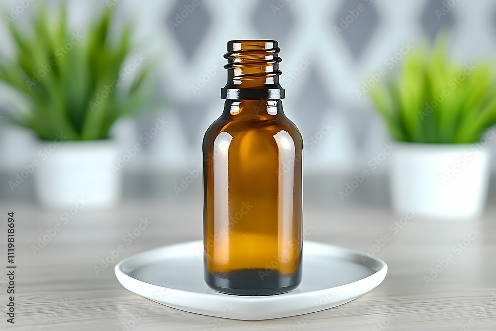 Amber glass bottle on white plate. Amber glass bottle on white plate.