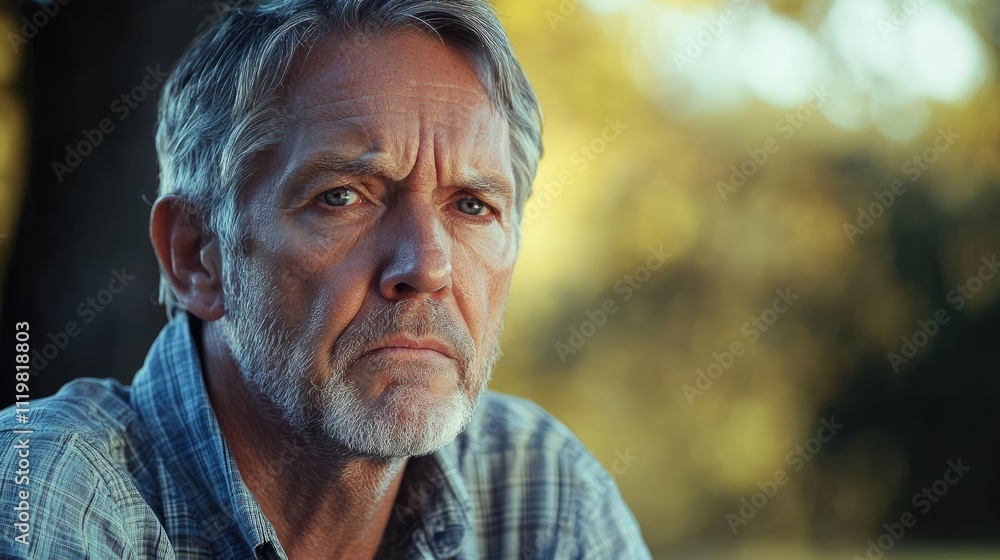 Mature man with a serious expression contemplating life in a serene outdoor setting during golden hour. Mature man with a serious expression contemplating life in a serene outdoor setting during golden hour.