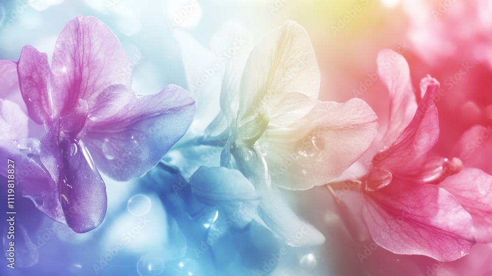 Vibrant pastel-colored flowers with water droplets, soft focus and bokeh background. Vibrant pastel-colored flowers with water droplets, soft focus and bokeh background.