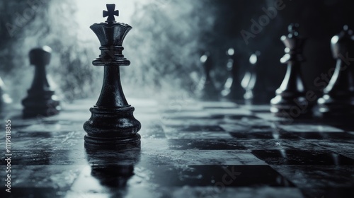 Mysterious chess scene with a focus on a black king piece surrounded by fog and dramatic lighting on an intricately designed board. photo