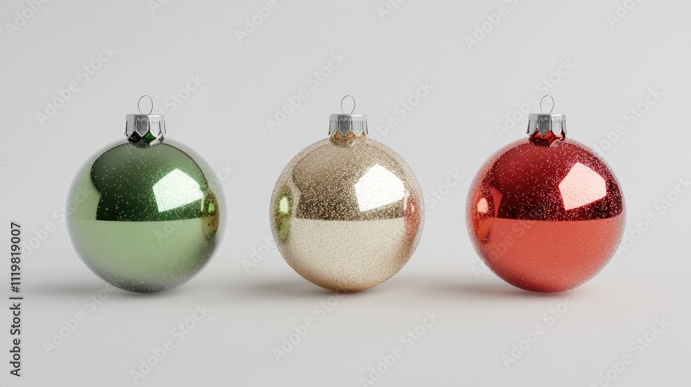 Decorative Christmas baubles in green gold and red on a white background perfect for holiday themed designs and festive celebrations Decorative Christmas baubles in green gold and red on a white background perfect for holiday themed designs and festive celebrations