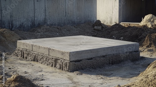 Concrete foundation slab in construction site surrounded by earth and gravel ready for structural development and building projects photo