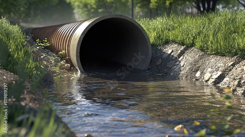 Wallpaper Mural Water flowing through a metal drainage pipe in a lush green environment with visible grass and sunlight filtering through trees. Torontodigital.ca