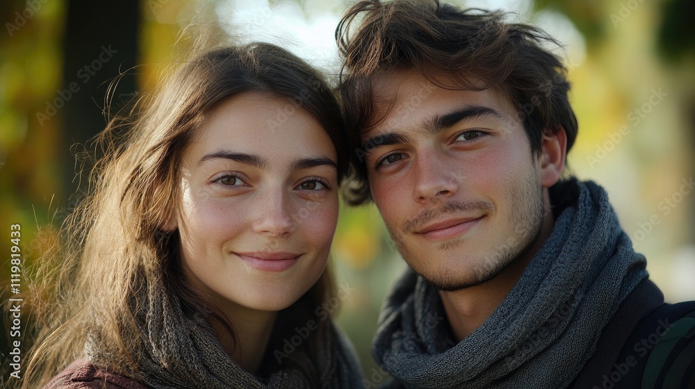 Obraz premium Young couple enjoying a cheerful moment together outdoors in a vibrant autumn setting capturing love and connection in nature.