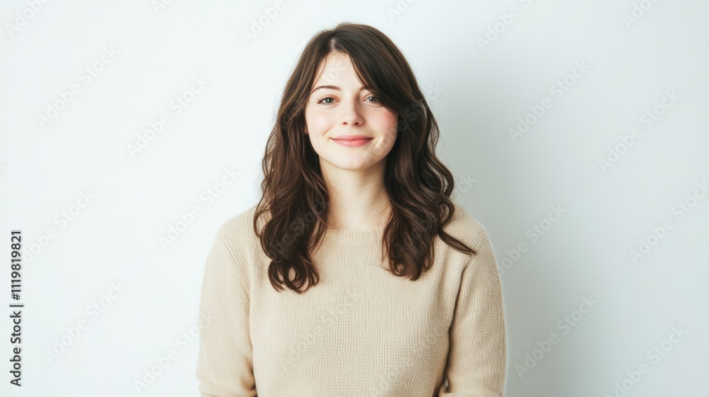 Casual portrait of a smiling woman with long dark hair against a plain white background in a studio setting. Casual portrait of a smiling woman with long dark hair against a plain white background in a studio setting.